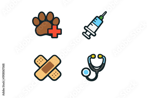 A set of four veterinary medical icons featuring a brown paw print with a red cross, a blue syringe, crossed adhesive bandages, and a stethoscope on a black background.