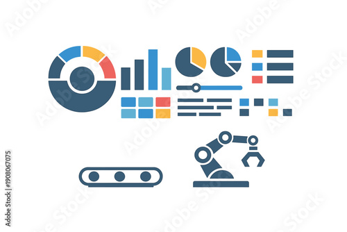 A flat design illustration featuring a data dashboard with various charts and graphs alongside icons of a conveyor belt and a robotic arm representing industrial automation.