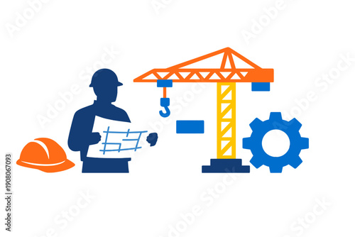 A flat vector illustration featuring a construction engineer holding a blueprint next to a crane, a hard hat, and a large gear, representing industrial work and planning.