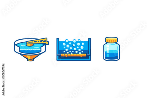 Three stylized icons representing water treatment processes including a circular settling tank, an aeration basin with bubbles, and a glass sample jar with blue liquid.
