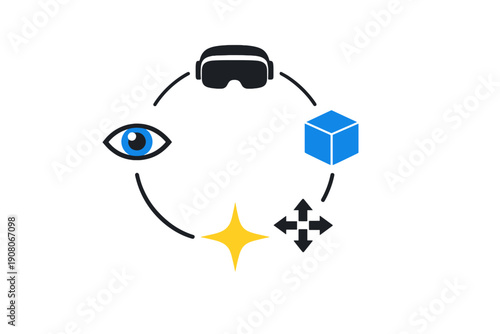 This illustration shows a circular arrangement of icons including a virtual reality headset, a blue cube, a directional arrow icon, a yellow star, and an eye against a dark background.