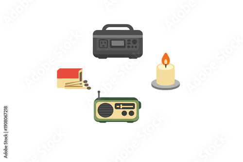 This flat illustration features four emergency preparedness items: a portable power generator, a lit candle, a matchbox with matches, and a radio, all set against a black background.