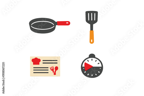 A collection of four kitchen-themed icons including a frying pan, a spatula, a recipe card with a chef hat, and a kitchen timer, all presented in a flat 3D style on a black background.