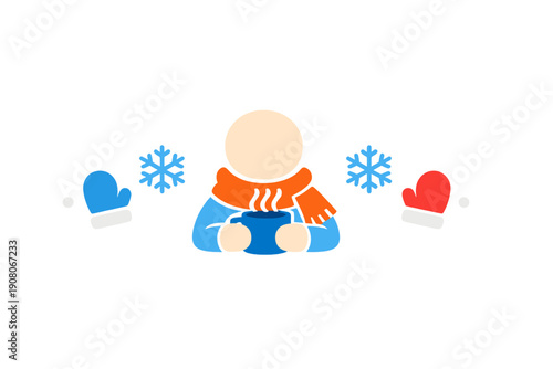 A minimalist illustration of a person wearing an orange scarf and holding a steaming blue mug, surrounded by snowflakes and colorful mittens against a solid black background.