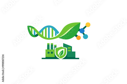This graphic design showcases concepts of green technology and bioengineering through icons of a DNA strand, a leaf, molecules, and a sustainable factory with a protective shield.
