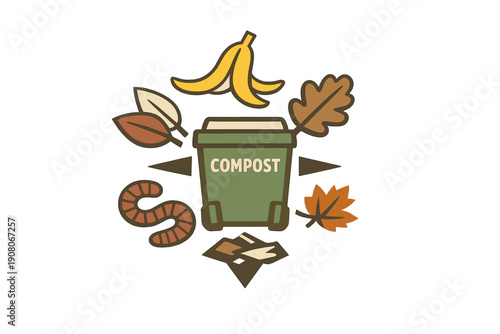 A flat vector illustration of a green compost bin surrounded by organic waste including a banana peel, autumn leaves, an earthworm, and paper scraps on a black background.