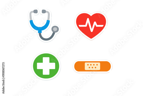 A collection of four medical icons including a stethoscope, a red heart with a heartbeat line, a green first aid cross, and an orange adhesive bandage on a black background.