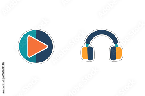 Two stylized icons representing media playback and audio listening are displayed on a black background. One icon is a circular play button and the other is a pair of headphones.