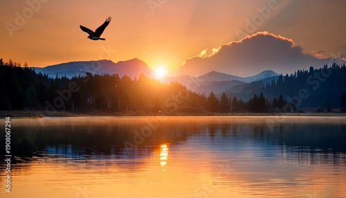Wallpaper Mural bird flying over lake reflection sunrise landscape Torontodigital.ca