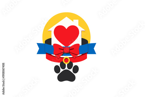 This graphic design shows a white house with a red heart inside, a blue ribbon, a red bow, and a black paw print below, representing pet rescue and animal welfare services.