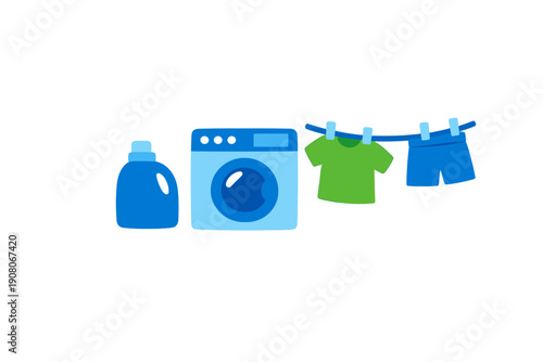 A flat vector illustration featuring a blue laundry detergent bottle, a frontloading washing machine, and a green shirt and blue shorts hanging on a clothesline against a black background.
