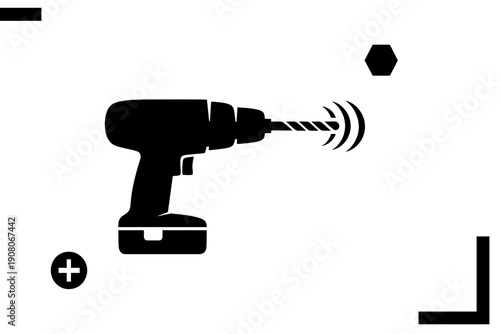This minimalist black and white illustration features a cordless power drill icon. It includes a drill bit with motion lines, a screw head symbol, and a hexagonal shape.