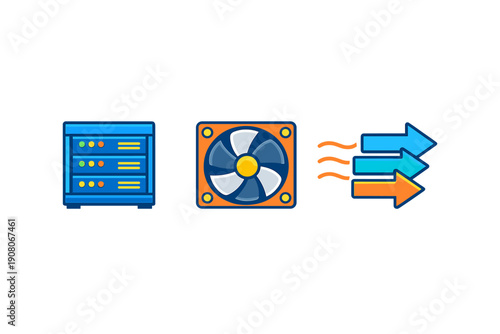 A flat vector illustration showing a blue server rack next to a cooling fan with arrows representing airflow, symbolizing data center cooling and hardware ventilation systems.