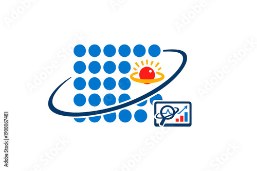 This graphic depicts a grid of blue circles with a single red circle highlighted by a yellow ring, accompanied by a data analysis icon featuring a magnifying glass and a bar chart.