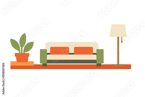 A minimalist flat illustration of a cozy living room featuring a cream sofa with orange cushions, a green potted plant on a side table, and a tall floor lamp on a black background.