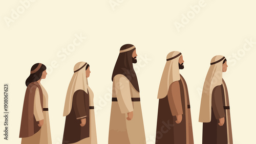 Five figures in traditional attire standing in a line against a plain background