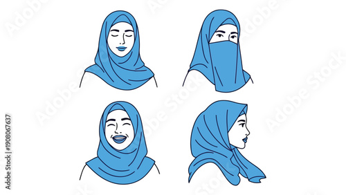 Four women wearing traditional blue hijabs in different expressions and poses