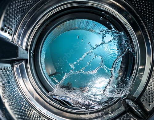 Wallpaper Mural spinning laundry inside a washing machine with splashes of water detailed interior view laundry wash cleaning action Torontodigital.ca