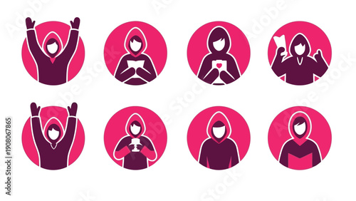 Playful collection of cartoon fox faces with expressive and vibrant pink designs