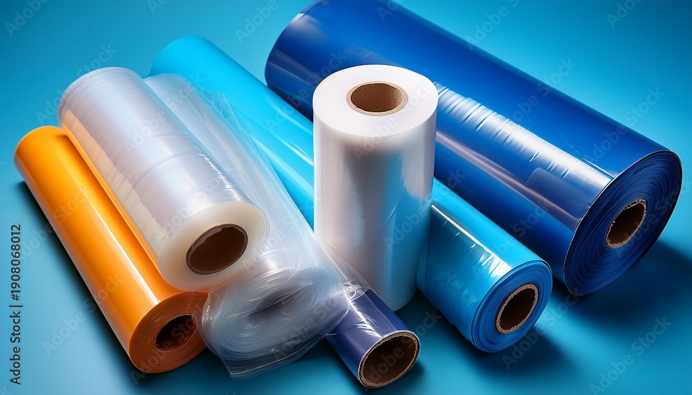 Fototapeta premium various plastic packaging film rolls on a blue background