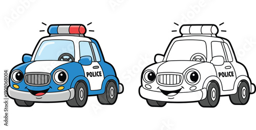 Cartoon police car character vector illustration with black and white coloring page outline. Cute funny anthropomorphic vehicle for kids education and design projects.