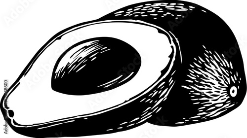 Bold black and white illustration of an avocado, with one half cut open showing a seed