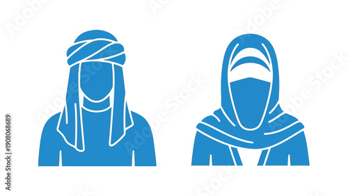Two stylized figures wearing traditional headscarves and veils against a plain background