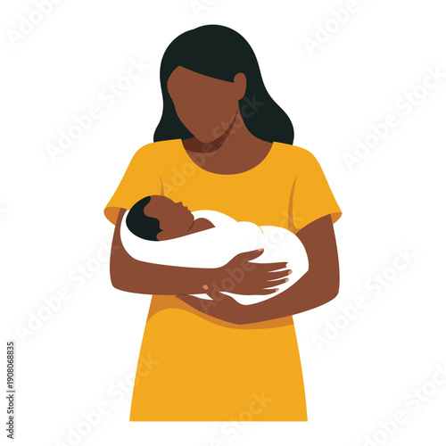 A loving dark-skinned woman holding her newborn baby in a warm and nurturing embrace.