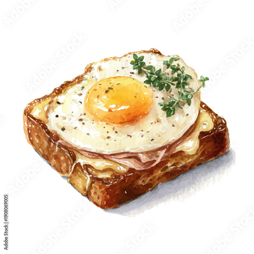 Croque Madame watercolor vector, hand-painted style, high-quality illustration isolated on white background.