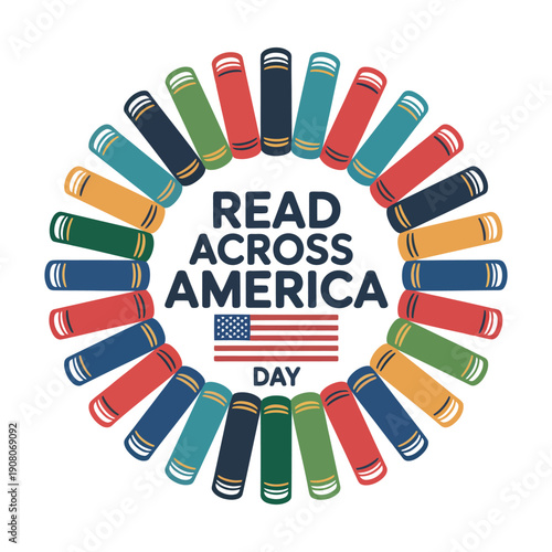A colorful illustration promoting Read Across America Day with books and an American flag