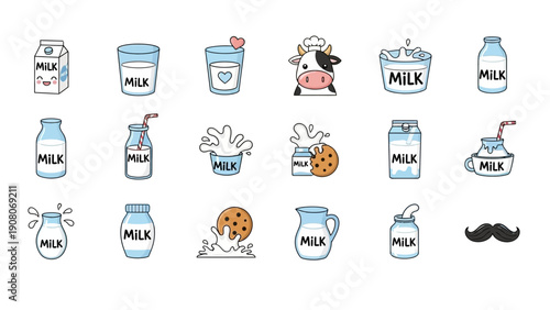 A playful collection of cute milk icons and dairy product illustrations.