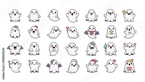 A collection of cute cartoon ghosts with various expressions and accessories for Halloween.