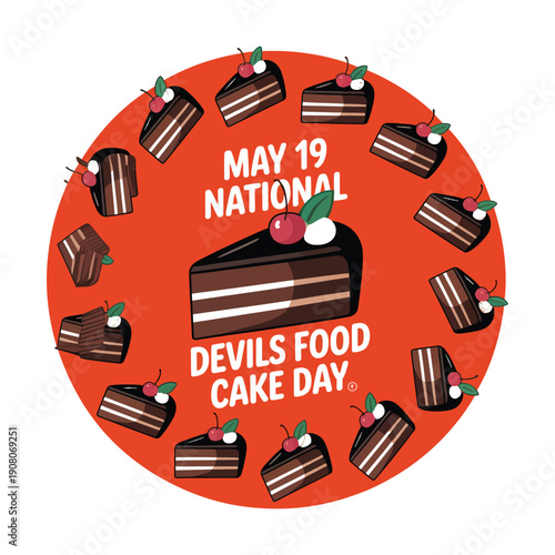 A vibrant illustration celebrating National Devil's Food Cake Day on May 19th with chocolate cake slices and cherries