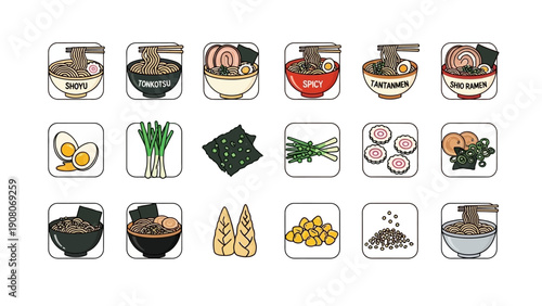 Delicious Japanese Ramen Bowls and Ingredients Icon Set
