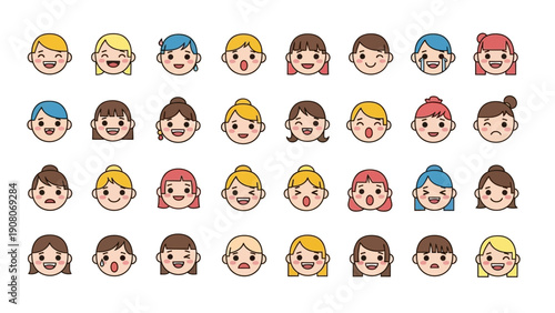 Set of diverse cartoon facial expressions and human emotions avatars.