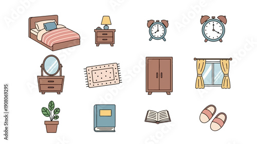 Simple Illustration of Various Bedroom Furniture and Home Decor Items