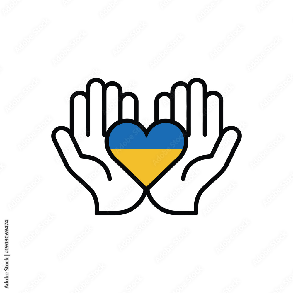 Fototapeta premium A symbolic illustration of hands holding a heart with the Ukrainian flag