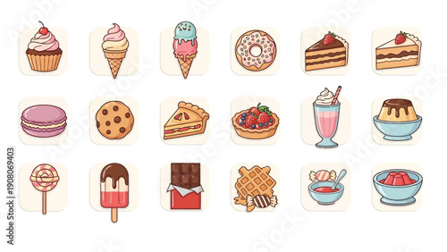 Assortment of sweet treats and dessert icons