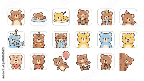 A collection of cute cartoon bear characters in various poses and emotions.