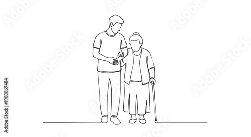 Young man assisting elderly woman walking with cane outdoors
