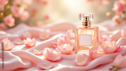 Elegant perfume bottle mockup surrounded by pink rose petals on soft fabric, romantic luxury fragrance concept with dreamy bokeh lights, feminine beauty branding for womens day