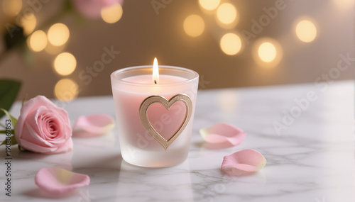 Romantic candle with heart symbol glowing on marble surface, cozy valentines day ambiance with soft bokeh lights and pink roses, warm love concept for intimate evening mood