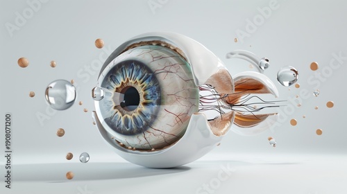 Save Your Vision Month:3D render of human eye anatomy in exploded view, all components floating separately showing cornea, iris, lens, vitreous body, retina, optic nerve