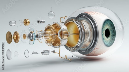 Save Your Vision Month:3D render of human eye anatomy in exploded view, all components floating separately showing cornea, iris, lens, vitreous body, retina, optic nerve