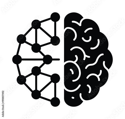 Vector graphic illustration of a brain and a neural network in black on white