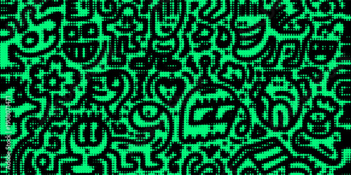 Electric neon waves filling the ether. Shimmering dots forming a pattern of smooth lines, bumps and depressions. Acid vector background for music album.