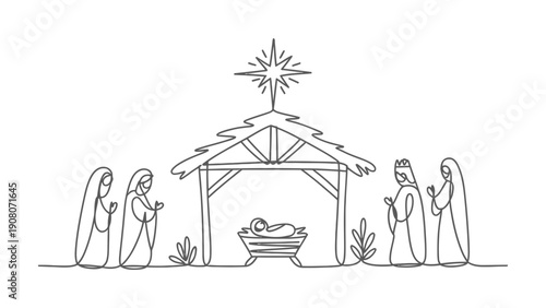Vector line drawing of the nativity scene with mary joseph and the magi present