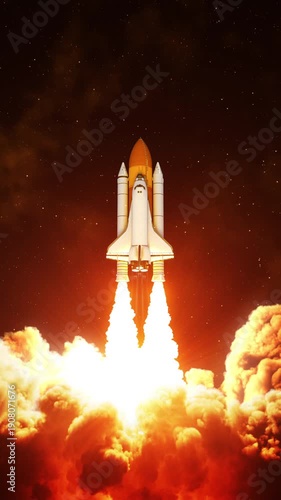 Vertical 3D animation of a space shuttle launch at night