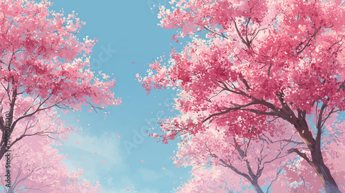 青空の下に満開のピンクの桜が咲いている絵の具で描かれたイラスト