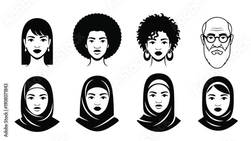 Diverse group of stylized faces with varying expressions and headwear